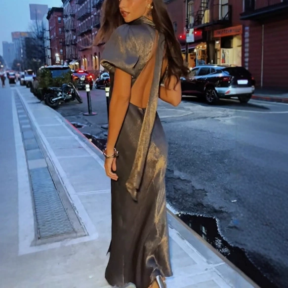 Saltriveroutfitters Women’s High-Waist Shimmer Long Dress – Short Sleeve, Backless Design - Image 4