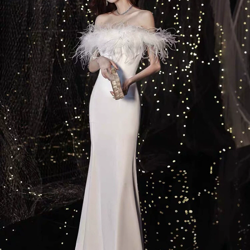 Saltriveroutfitters Luxury Feather Trim Off-Shoulder Dress for Women - Image 2