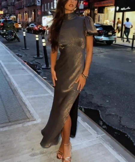 Alternative view of Saltriveroutfitters Women’s High-Waist Shimmer Long Dress – Short Sleeve, Backless Design