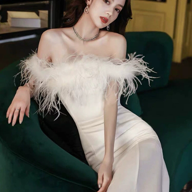 Saltriveroutfitters Luxury Feather Trim Off-Shoulder Dress for Women - Image 4