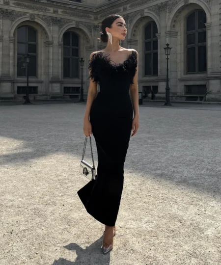 Saltriveroutfitters Luxury Off-Shoulder Feather Long Dress for Women