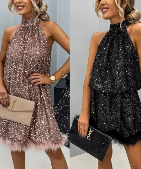Saltriveroutfitters Elegant Sequin Halter Dress for Women