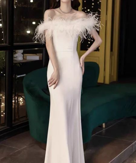 Saltriveroutfitters Luxury Feather Trim Off-Shoulder Dress for Women