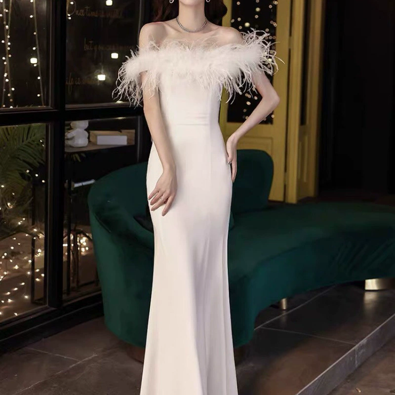 Saltriveroutfitters Luxury Feather Trim Off-Shoulder Dress for Women