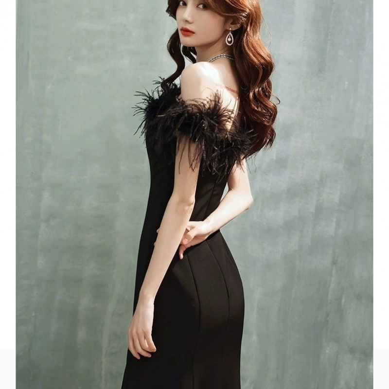 Saltriveroutfitters Luxury Feather Trim Off-Shoulder Dress for Women - Image 8